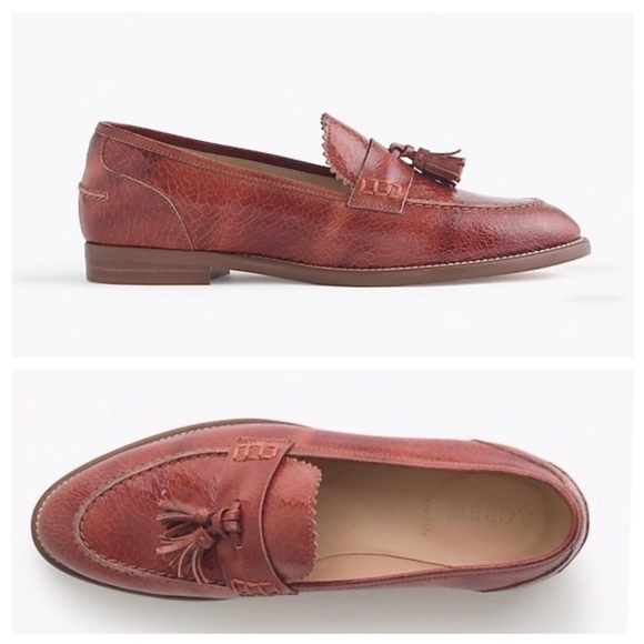 J. Crew Shoes - J. Crew Biella Crackled Leather Tassel Loafers Burnt Sienna Size 8